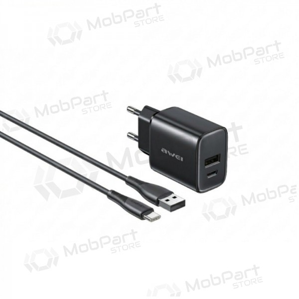 Tālruņa lādētājs Awei PD85T-EU 22.5 W USB-C + USB-A ar USB-C vadu 1 m melns