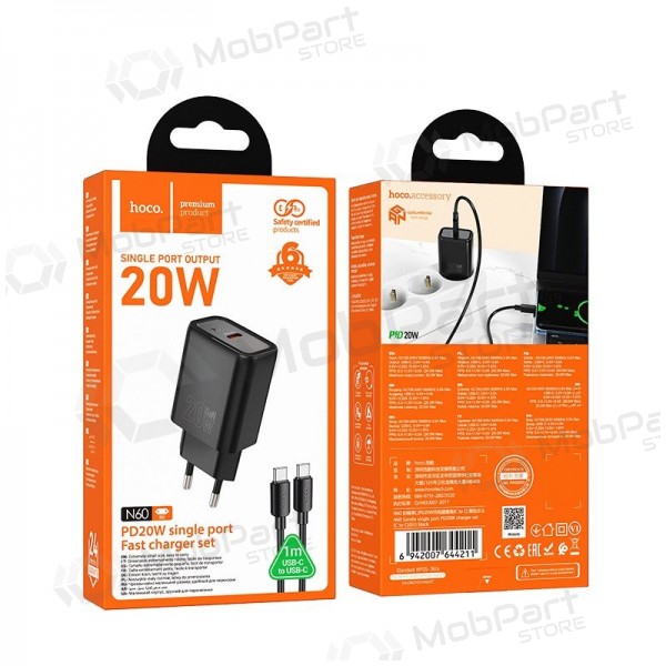 Tālruņa lādētājs Hoco N60 GaN USB-C ar USB-C kabeli 1 m melns