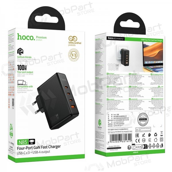 Tālruņa lādētājs Hoco N85 100 W 3x USB-C + USB-A melns