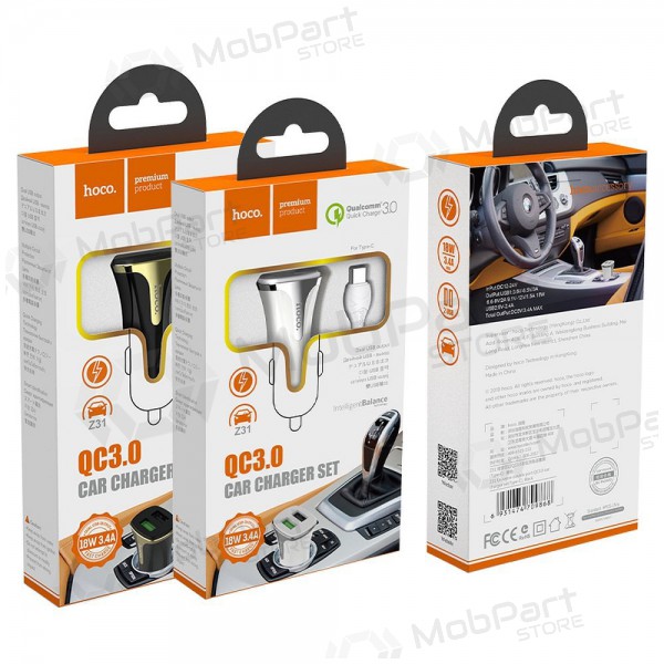 Lādētājs automobilinis Hoco Z31 Quick Charge 3.0 (3.4A) x 2 USB + Type-C (balts)