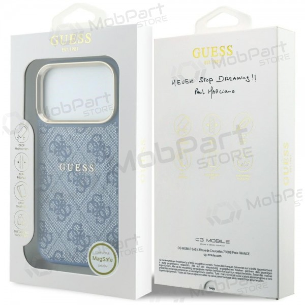Apple iPhone 18 Pro Max maciņš - Guess PU Leather 4G Gold Frame Embossed MagSafe (zils)
