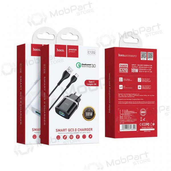 Lādētājs HOCO C12Q Smart USB + type-C kabelis (QC3.0) (melns)