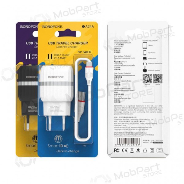 Lādētājs BOROFONE BA24A Vigour Dual USB + Type-C kabelis (5V 2.4A) (melns)