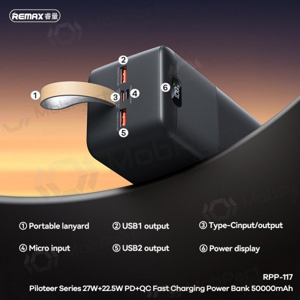 Ārējā baterija Power Bank Remax RPP-117 22.5W 50000mAh melna