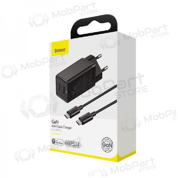 Lādētājs Baseus GaN 45w (20V/3A) + Type-C kabelis (MacBook) (melns)