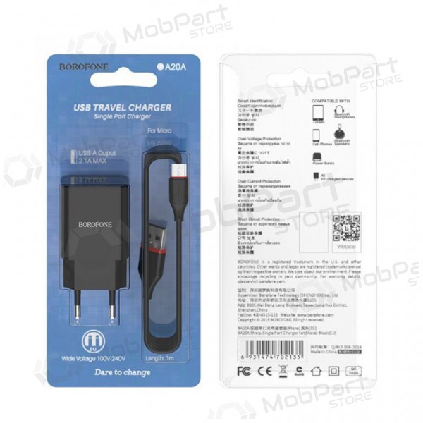 Lādētājs BOROFONE BA20A Sharp USB + microUSB kabelis (5V 2.1A) (melns)
