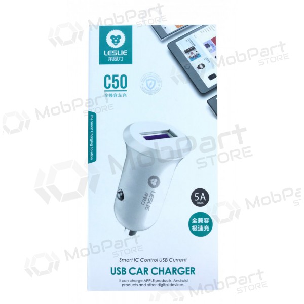 Lādētājs automobilinis Leslie C50 USB 5A (balts)