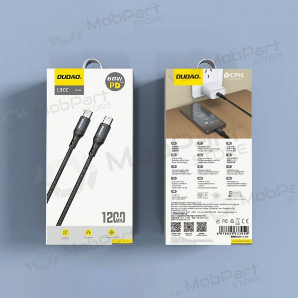 USB-C kabelis Dudao L3CC USB-C uz USB-C 1.2 m 60 W melns