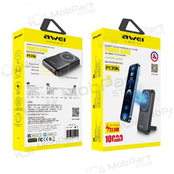 Ārējā baterija Power Bank Awei P139K 22.5W Magnetic Wireless 10000mAh melna