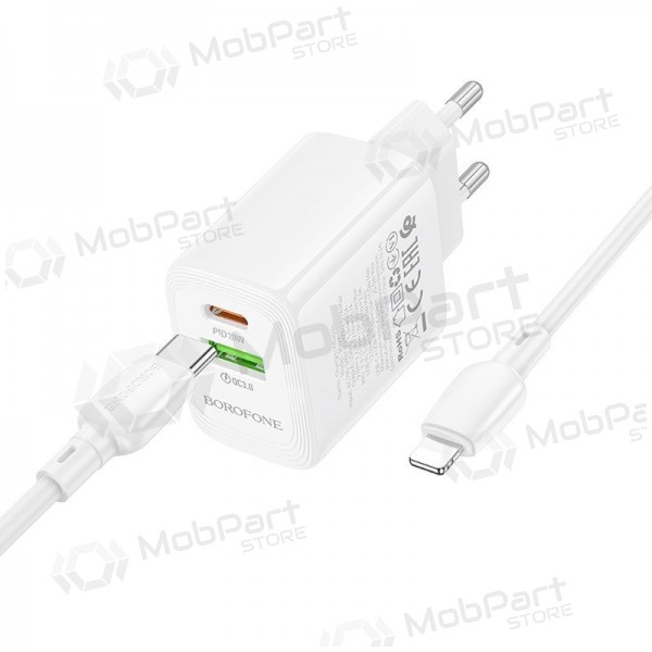 Tālruņa lādētājs Borofone BN27 20 W USB-C + USB-A ar Lightning kabeli 1 m balts