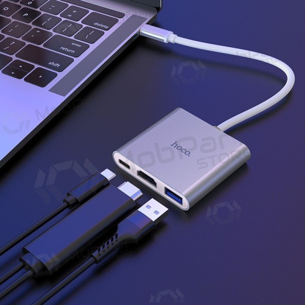 Adapteris Hoco HB14 Type-C to USB-A+HDMI+Type-C sudraba