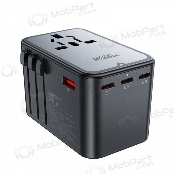 Universāls kelioninis lādētājs Acefast Z1 75W GaN 2xUSB-A/3xUSB-C melns