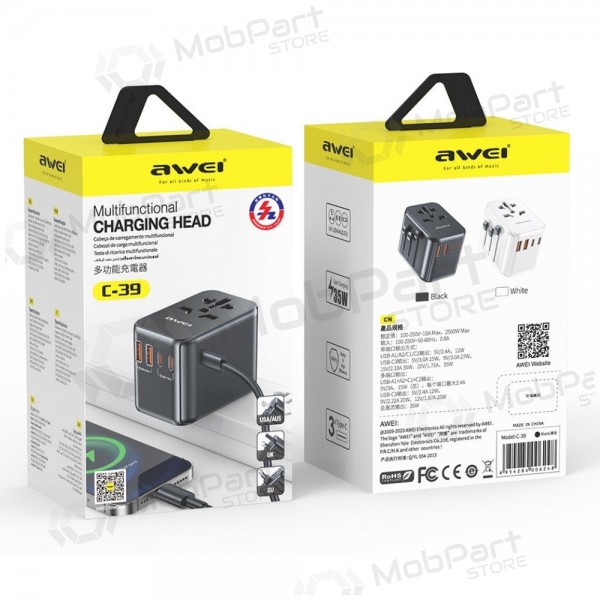 Universāls kelioninis lādētājs Awei C-39 GaN 35W 2xUSB-A/3xUSB-C melns