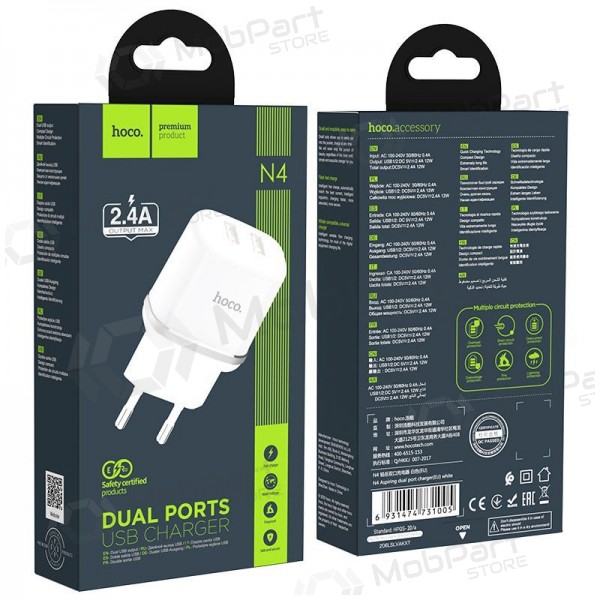 Lādētājs Hoco N4 x 2 USB  jungtimis (2.4A) (balts)
