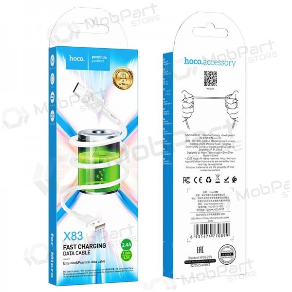 Micro USB kabelis Hoco X83 USB-A uz Micro USB 1 m balts