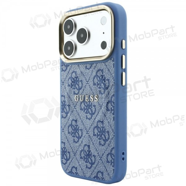 Apple iPhone 18 Pro maciņš - Guess PU Leather 4G Gold Frame Embossed MagSafe (zils)