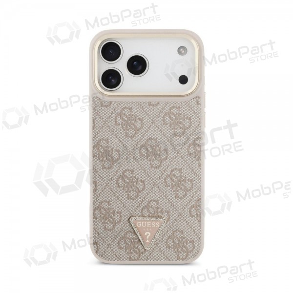 Apple iPhone 18 Pro maciņš - Guess PU Leather 4G Strass Triangle Logo Gold Frame MagSafe (rozā)