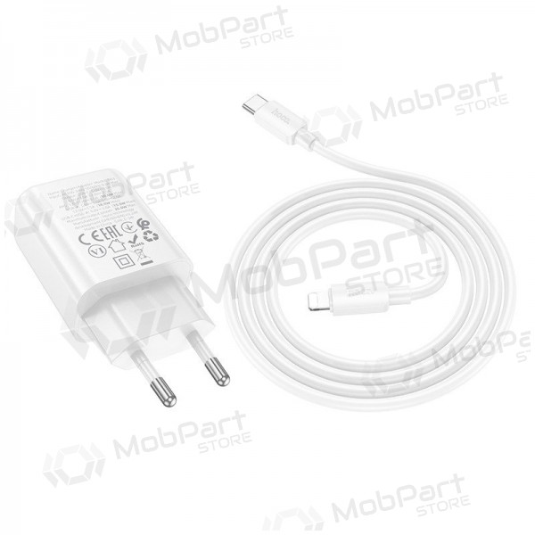 Tālruņa lādētājs Hoco N63 30 W GaN USB-C + USB-A ar Lightning kabeli 1 m balts