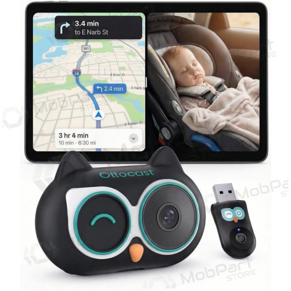 Bezvadu CarPlay adapteris Ottocast Cabin Care CA520-T ar mobilās aukles funkciju melns