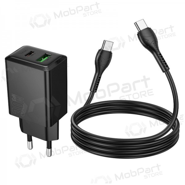 Tālruņa lādētājs Hoco N71 30 W GaN USB-C + USB-A ar USB-C kabeli 1 m melns