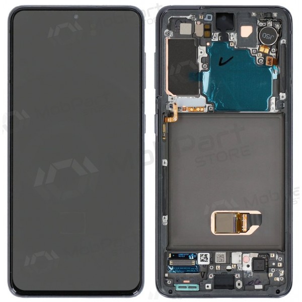 Ekranas Samsung G991 S21ar lietimui jautriu stikliuku un rėmeliu Phantom Black OLED (real size)