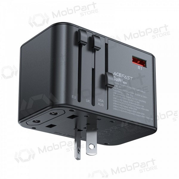 Universāls kelioninis lādētājs Acefast Z1 75W GaN 2xUSB-A/3xUSB-C melns