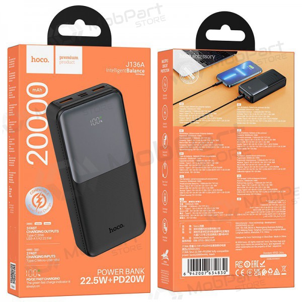 Ārējā baterija Power Bank Hoco J136A 22.5W+PD20W 20000mAh melna