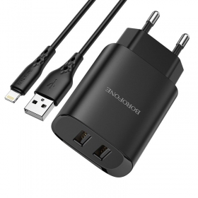 Lādētājs Borofone BN2 2xUSB 2.1A + Lightning (melns)