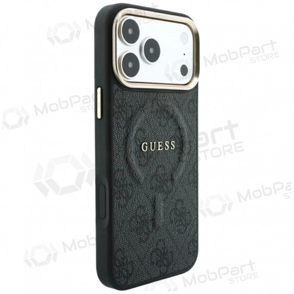 Apple iPhone 18 Pro maciņš - Guess PU Leather 4G Gold Frame Embossed MagSafe (melns)