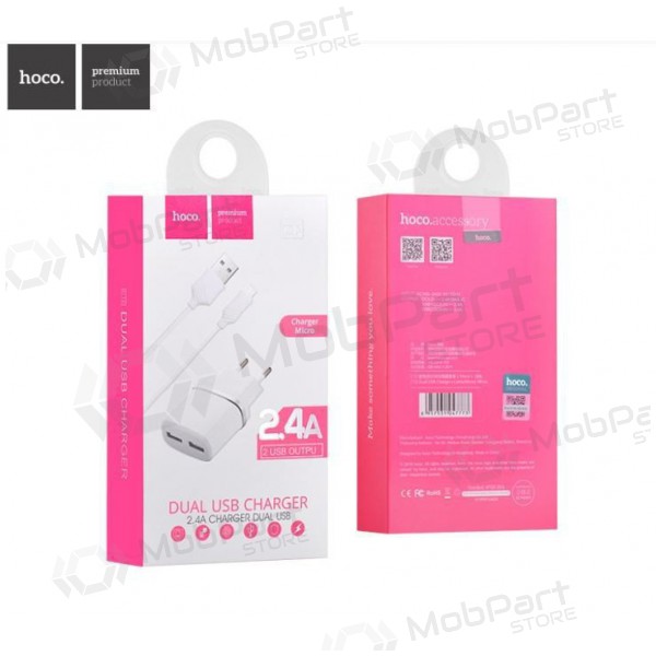 Lādētājs HOCO C12 Smart Dual USB + microUSB kabelis (2.4A) (balts)