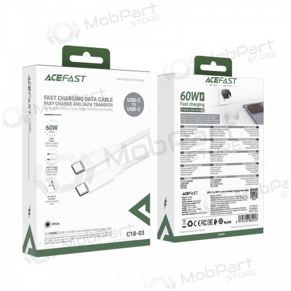 USB kabelis Acefast C18-03 60W USB-C to USB-C 1.2m balts