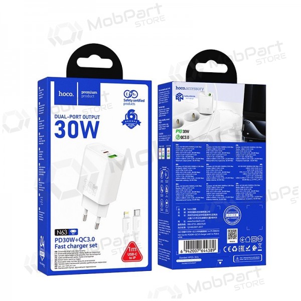 Tālruņa lādētājs Hoco N63 30 W GaN USB-C + USB-A ar Lightning kabeli 1 m balts