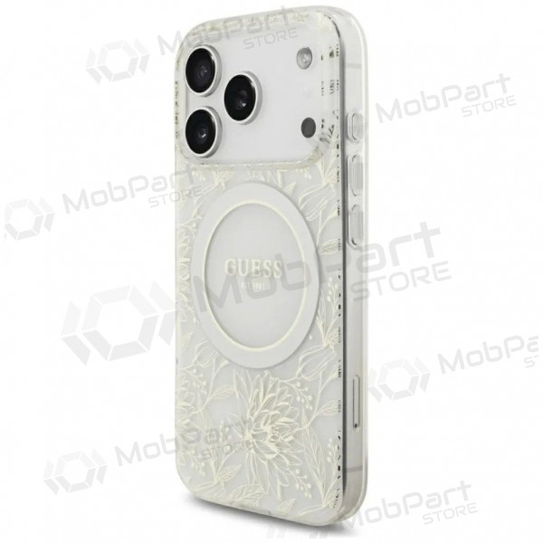 Apple iPhone 18 Pro Max maciņš - Guess IML Flowers Allover Strap MagSafe (balts)