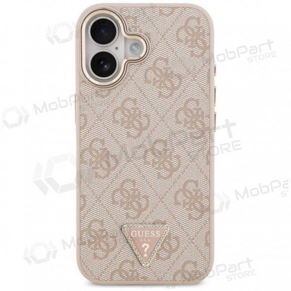 Apple iPhone 17 maciņš - Guess PU Leather 4G Strass Triangle Logo Gold Frame MagSafe (rozā)
