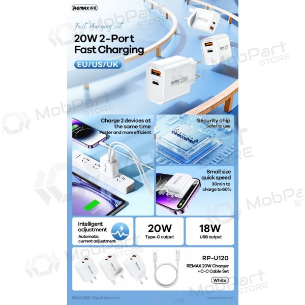 Telefona lādētājs Remax RP-U120 20 W USB-C + USB-A ar USB-C kabeli 1 m balts
