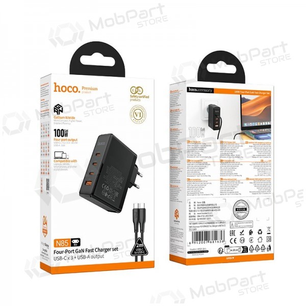 Tīkla lādētājs Hoco N85 100 W 3x USB-C + USB-A ar USB-C kabeli 2 m melns