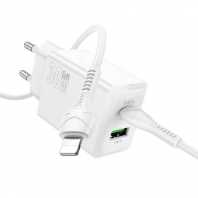 Tālruņa lādētājs Hoco N71 30 W GaN USB-C + USB-A ar Lightning kabeli 1 m balts