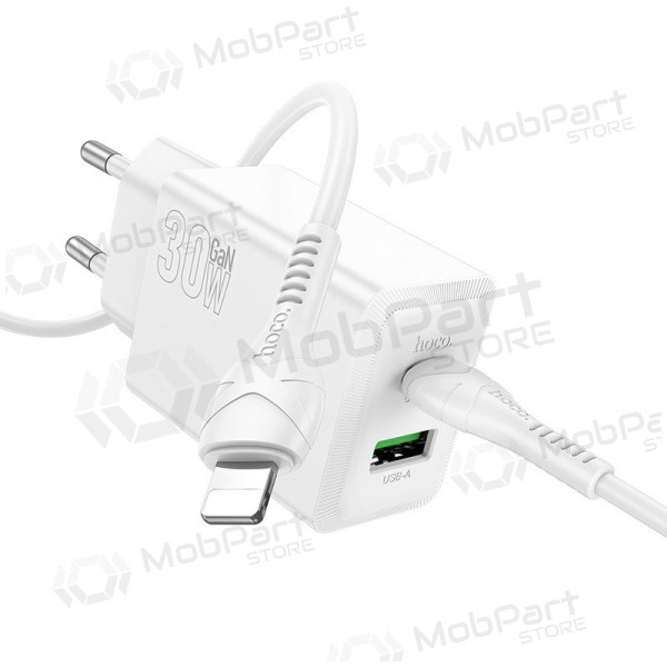 Tālruņa lādētājs Hoco N71 30 W GaN USB-C + USB-A ar Lightning kabeli 1 m balts