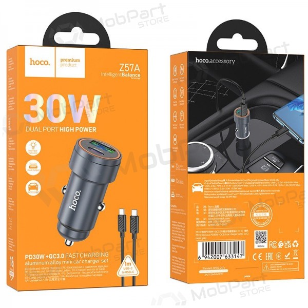 Automašīnas tālruņa lādētājs Hoco Z57A 30 W USB-C + USB-A ar USB-C kabeli 1 m
