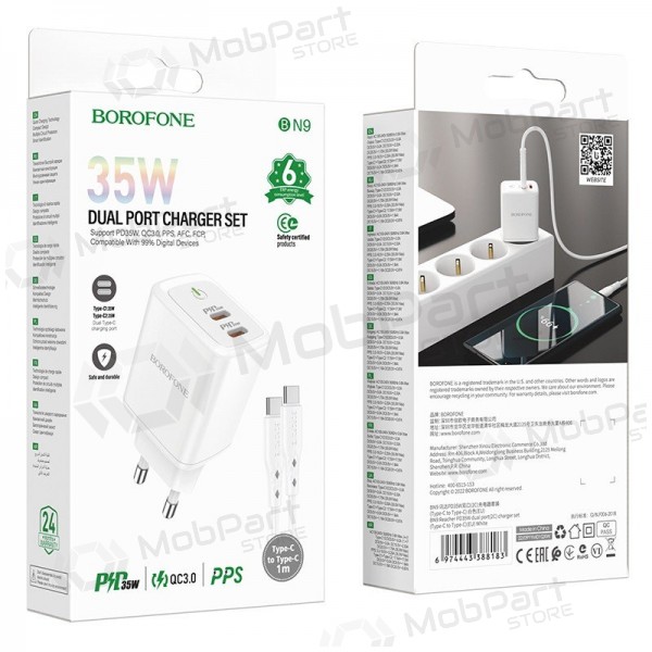 Lādētājs buitinis Borofone BN9 2xType-C 35W + Type-C balts