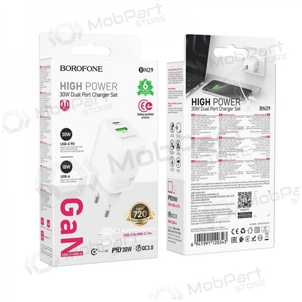 Tālruņa lādētājs Borofone BN29 30 W USB-C + USB-A ar USB-C kabeli 1 m balts