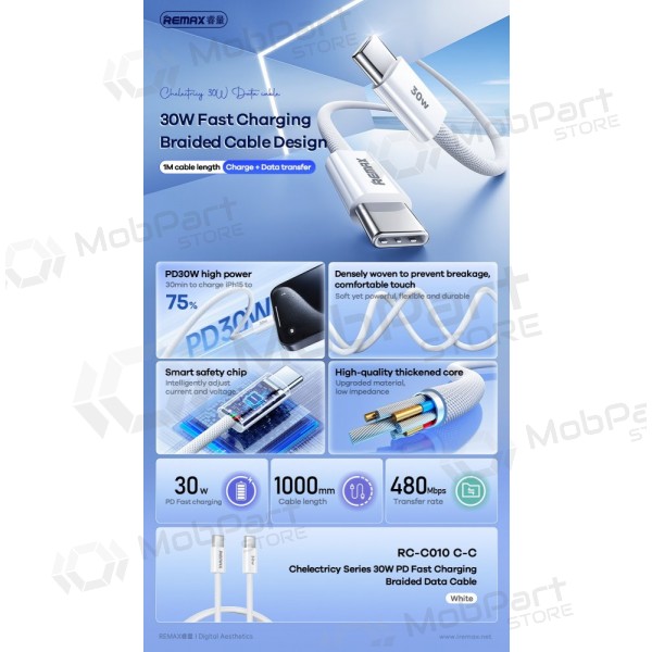 USB kabelis Remax RC-C010 USB-C to USB-C 30W 1.0m balts