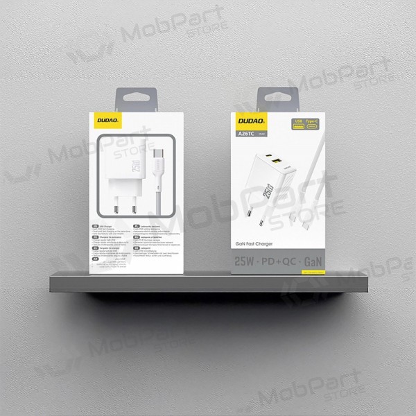 Tālruņa lādētājs Dudao A26TC 25 W GaN USB-C + USB-A ar USB-C kabeli 1 m balts