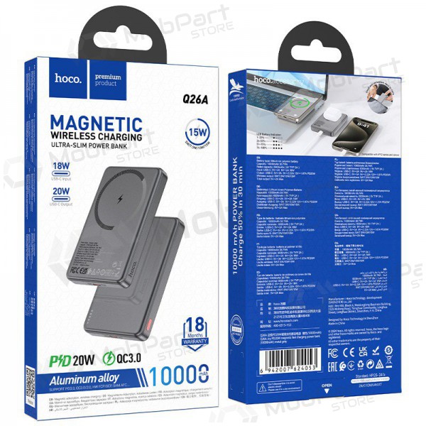 Ārējā baterija Power Bank Hoco Q26A PD20W Magnetic 10000mAh melna