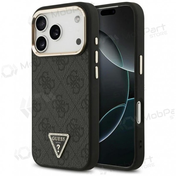 Apple iPhone 17 Pro Max maciņš - Guess PU Leather 4G Strass Triangle Logo Gold Frame MagSafe (melns)