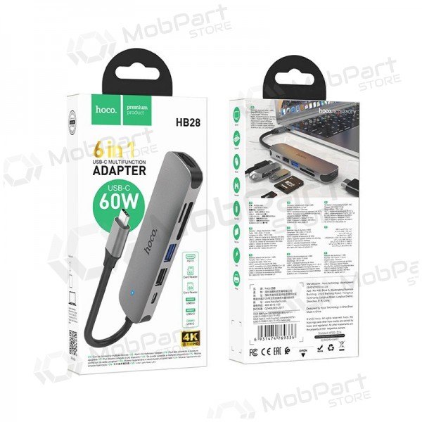 USB-C adapteris Hoco HB28 USB-C uz HDMI + USB 3.0 + USB 2.0 + SD + TF + PD pelēks