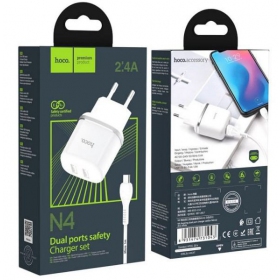 Lādētājs HOCO N4 Aspiring Dual USB + type-C kabelis (5V 2.4A) (balts)