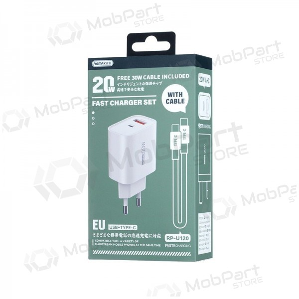Telefona lādētājs Remax RP-U120 20 W USB-C + USB-A ar USB-C kabeli 1 m balts
