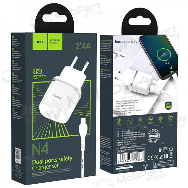 Lādētājs Hoco N4 X 2 USB  jungtimis + Type-C (2.4A) (balts)
