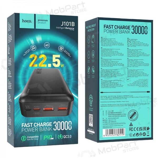 Ārējā baterija Power Bank Hoco J101B PD 20W+Quick Charge 3.0 22.5W 30000mAh melns